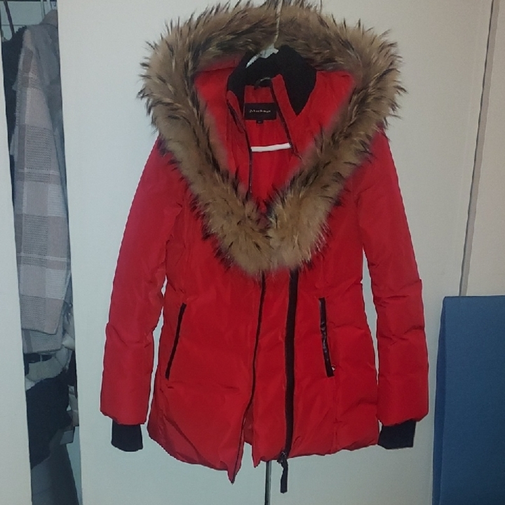 Red Faux Fur Trimmed Women's Jacket..